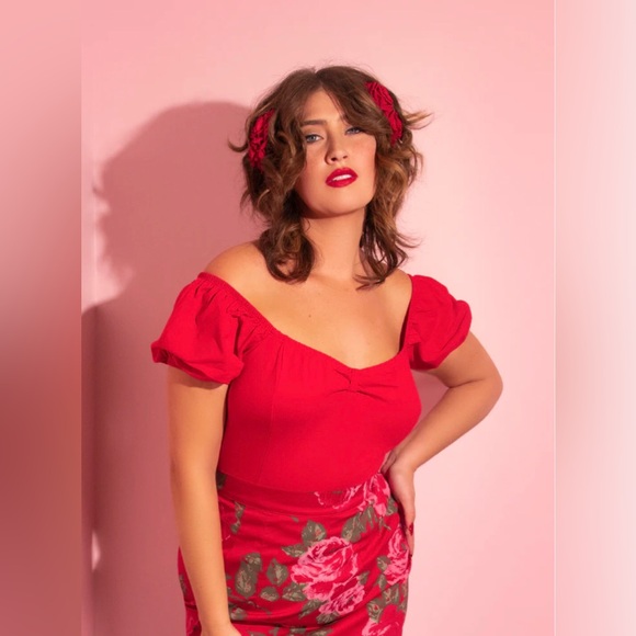 NWT Vixen By Micheline Pitt Powder Puff Top In Red - Picture 3 of 9